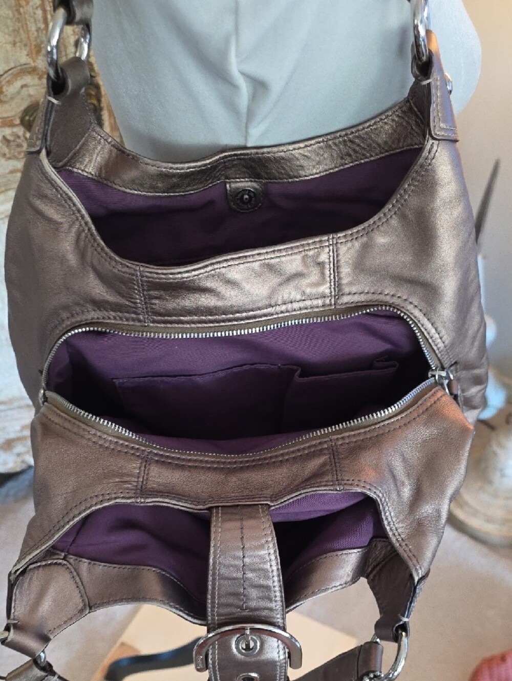 Coach Metallic Bronze/ Gold Leather Shoulder Bag with Silver Hardware - Picture 5 of 14